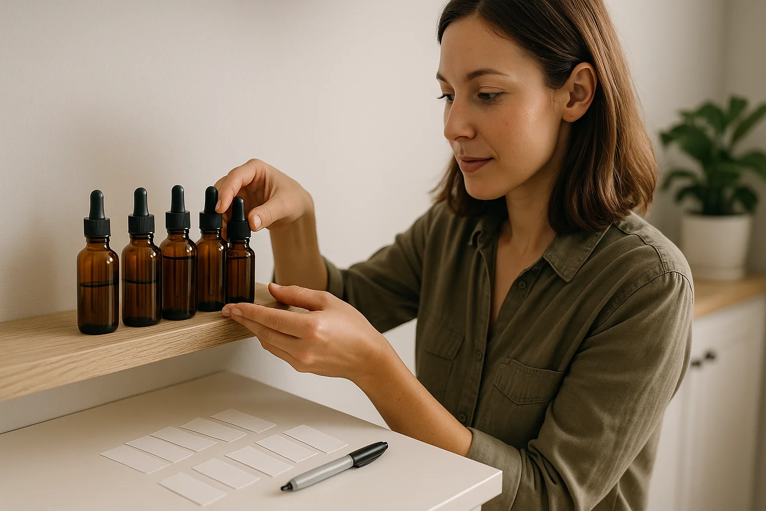 A woman arranges dark glass bottles of essential oils on a shelf with labels and markers nearby for proper storage.