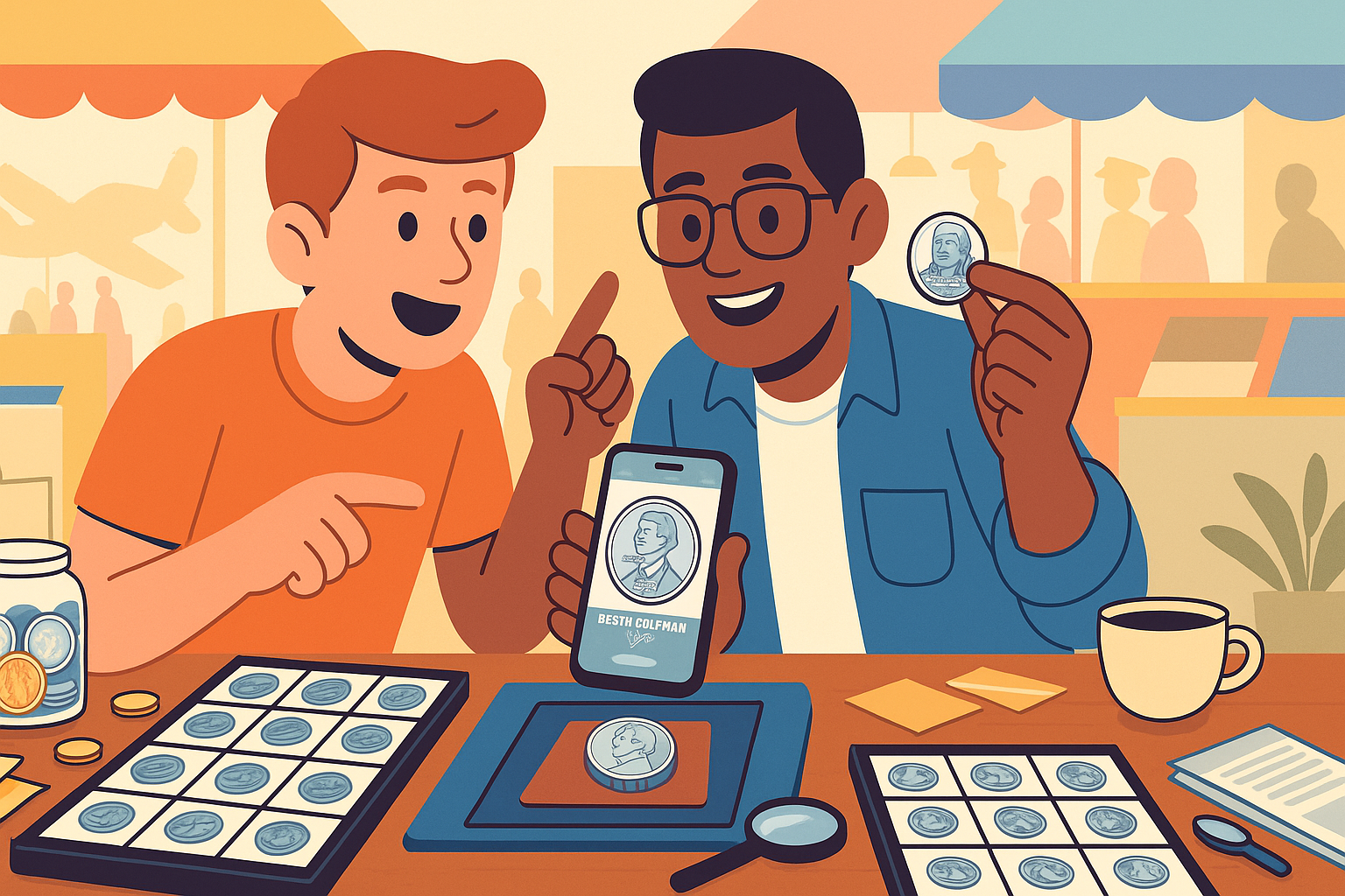 Friends at the flea market discover a Bessie Coleman quarter.